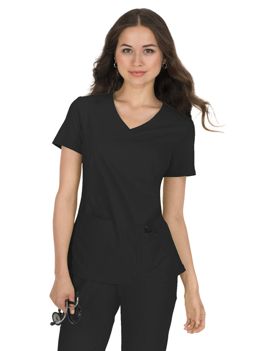 Women's Mock-Wrap Neck Katie Scrub Top - 374 - Black