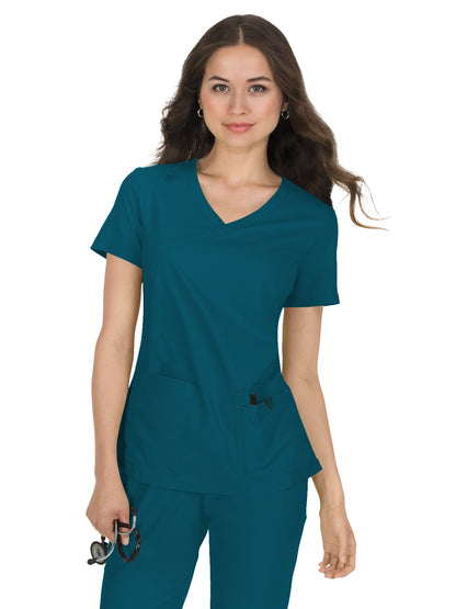 Women's Mock-Wrap Neck Katie Scrub Top - 374 - Caribbean