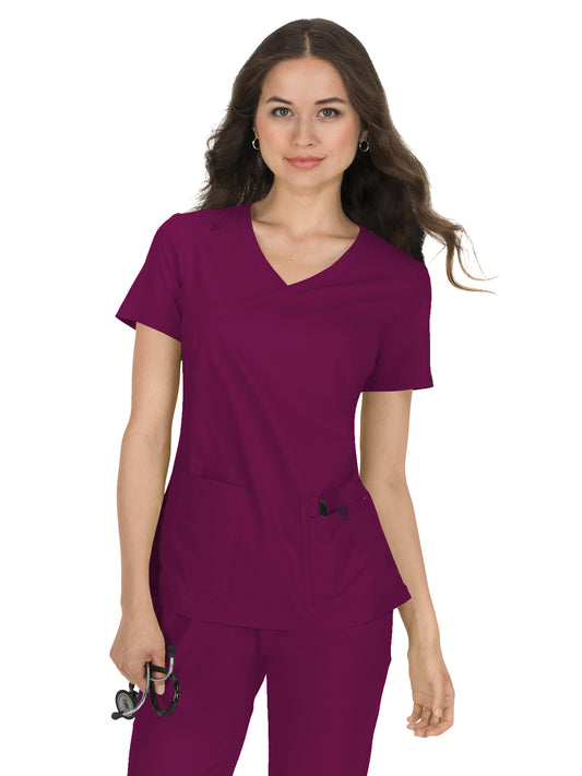 Women's Mock-Wrap Neck Katie Scrub Top - 374 - Wine