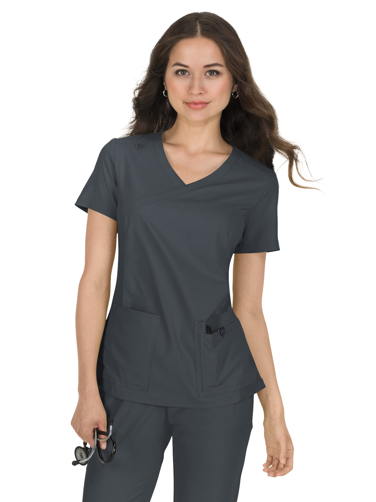 Women's Mock-Wrap Neck Katie Scrub Top - 374 - Charcoal