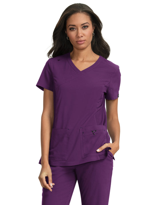 Women's Mock-Wrap Neck Katie Scrub Top - 374 - Eggplant