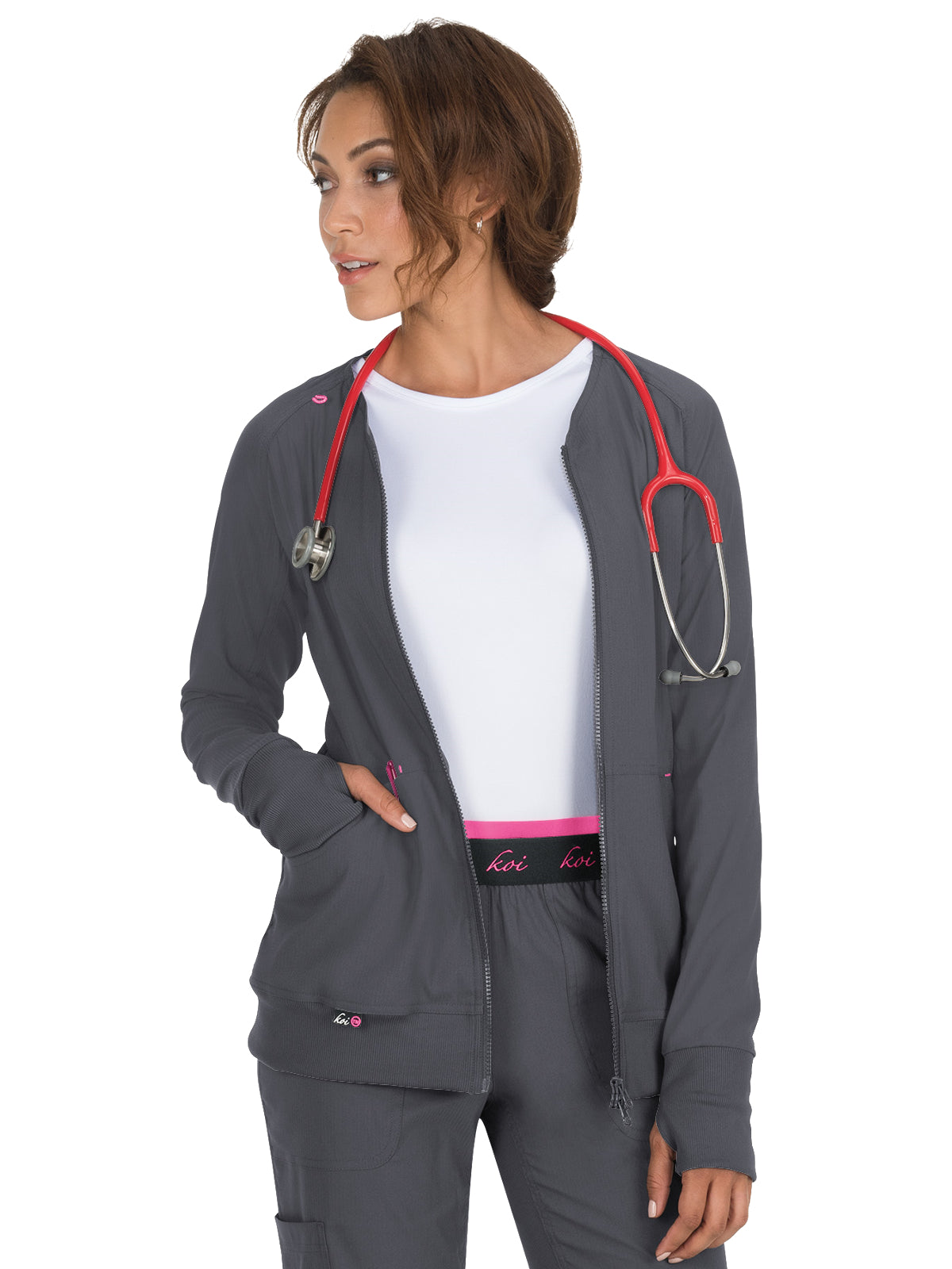 Women's 3-Pocket 2-Way Zipper Clarity Scrub Jacket - 445 - Charcoal