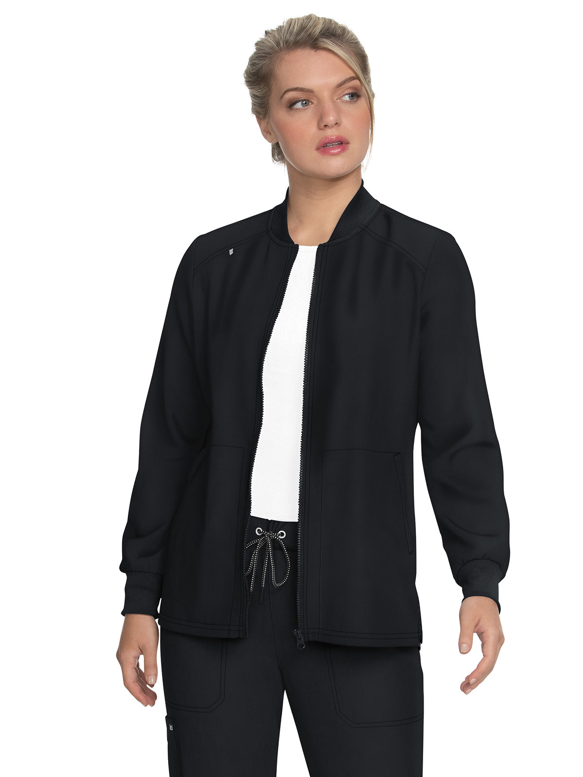 Women's Zipper Front Stretch Always in Motion Scrub Jacket - 458 - Black