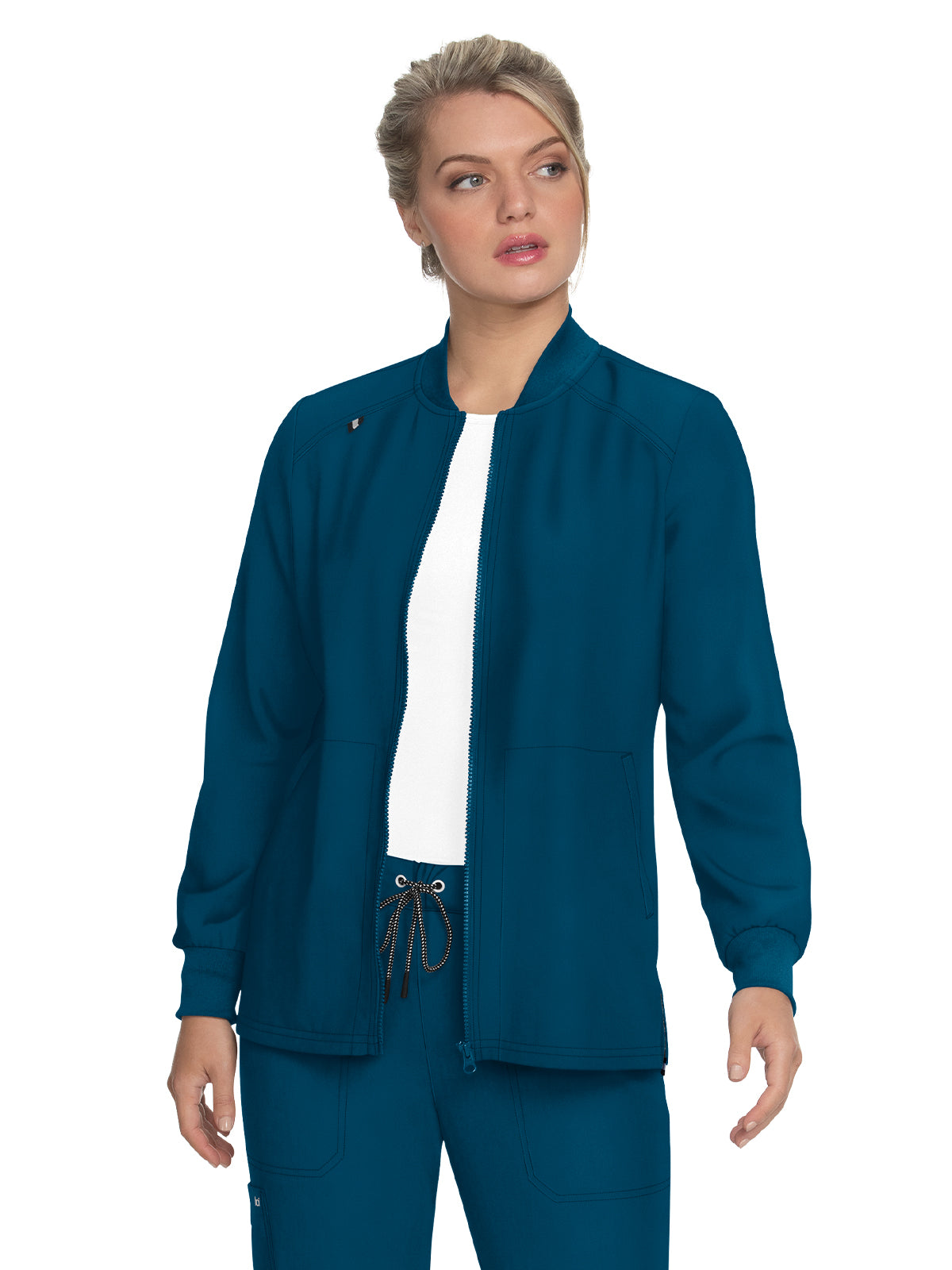 Women's Zipper Front Stretch Always in Motion Scrub Jacket - 458 - Caribbean Blue