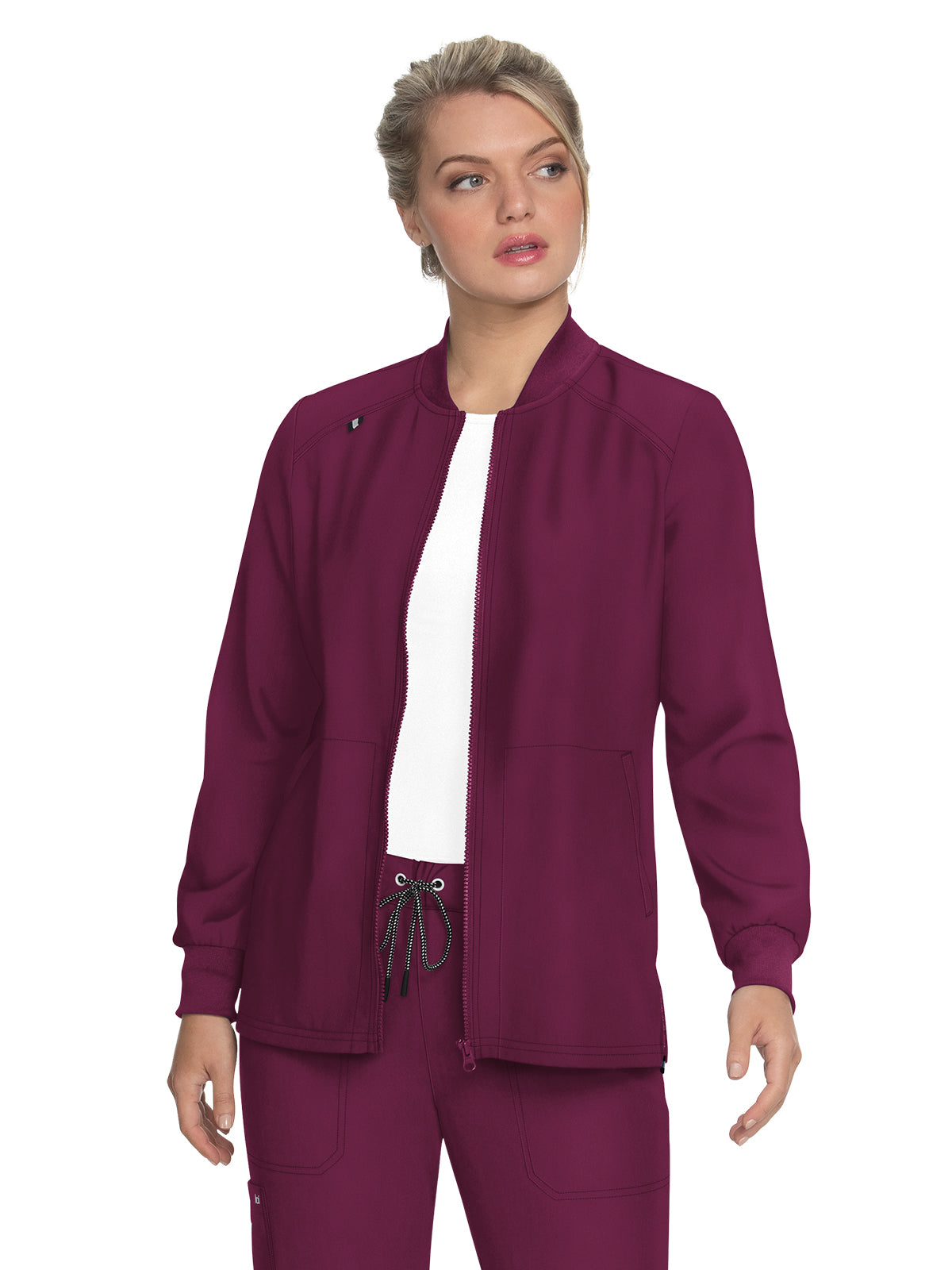 Women's Zipper Front Stretch Always in Motion Scrub Jacket - 458 - Wine