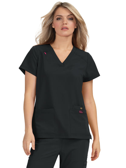 Women's 3-Pocket Snap-Button Placket V-Neck Freesia Scrub Top - B101 - Black