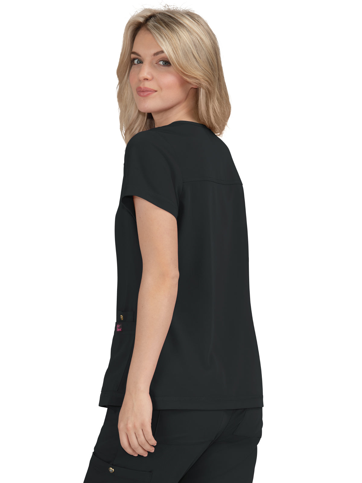 Women's 3-Pocket Snap-Button Placket V-Neck Freesia Scrub Top - B101 - Black