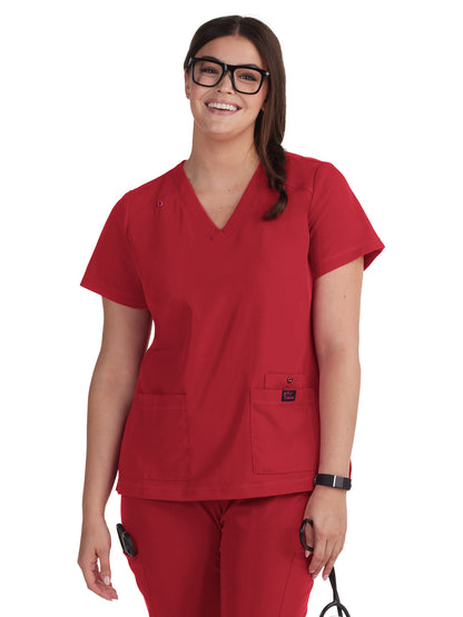 Women's 3-Pocket Snap-Button Placket V-Neck Freesia Scrub Top - B101 - Ruby