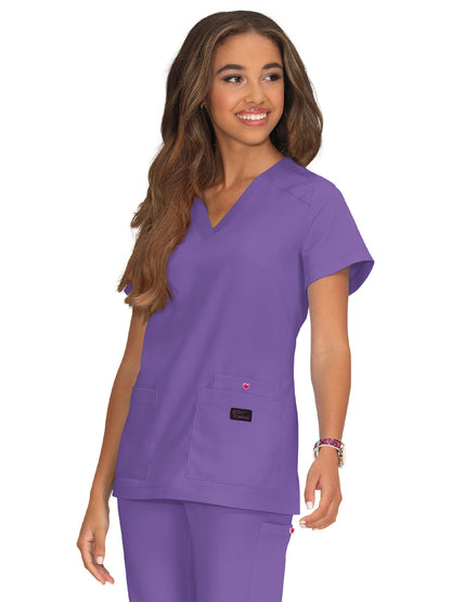 Women's 3-Pocket Snap-Button Placket V-Neck Freesia Scrub Top - B101 - Wisteria