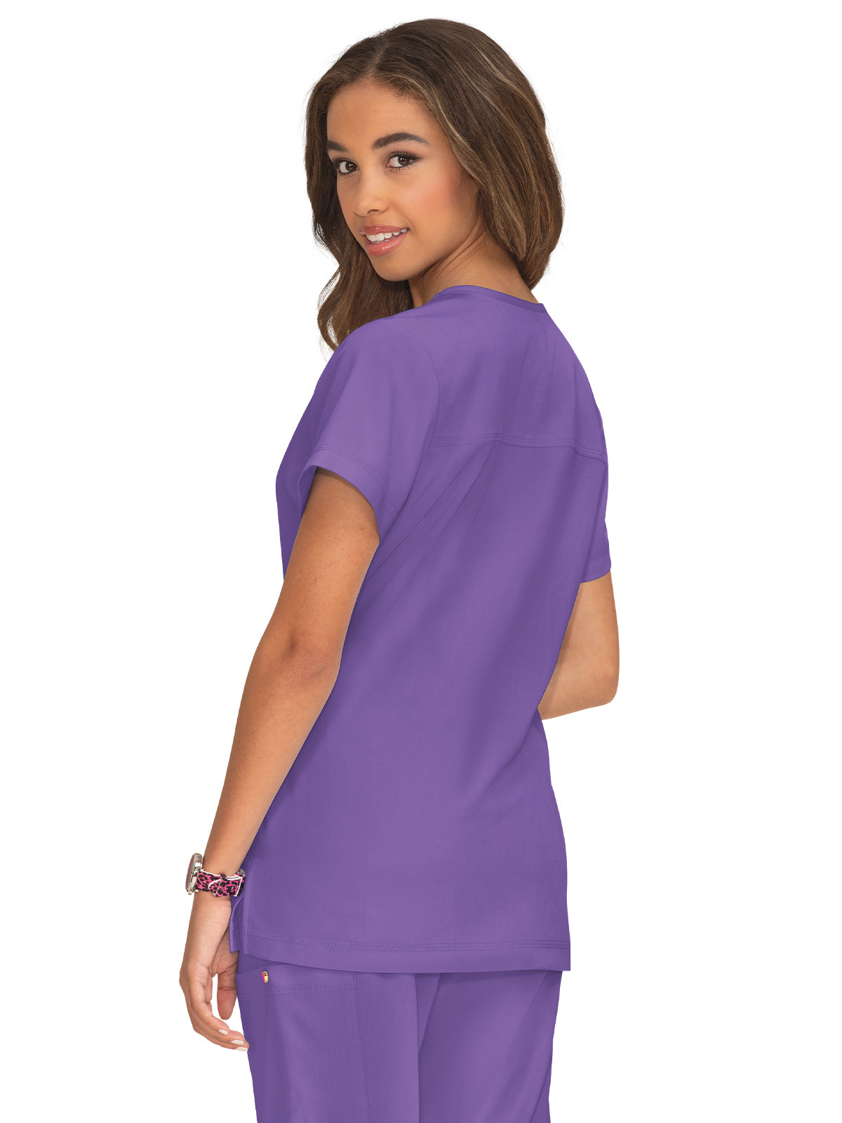 Women's 3-Pocket Snap-Button Placket V-Neck Freesia Scrub Top - B101 - Wisteria