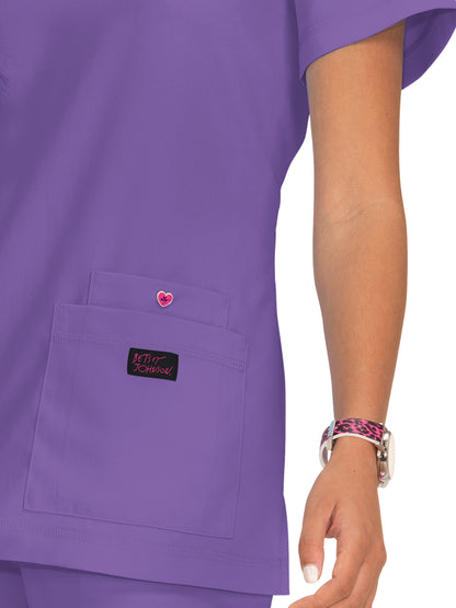 Women's 3-Pocket Snap-Button Placket V-Neck Freesia Scrub Top - B101 - Wisteria