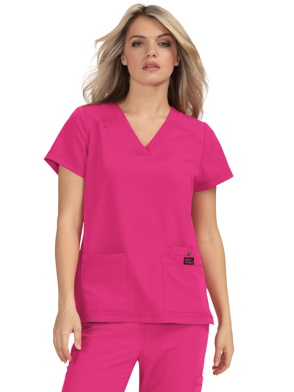 Women's 3-Pocket Snap-Button Placket V-Neck Freesia Scrub Top - B101 - Flamingo