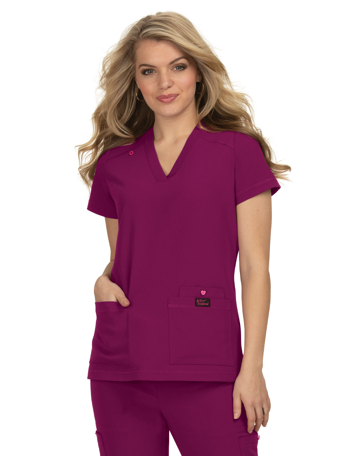 Women's 3-Pocket Snap-Button Placket V-Neck Freesia Scrub Top - B101 - Raspberry