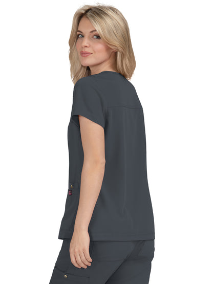 Women's 3-Pocket Snap-Button Placket V-Neck Freesia Scrub Top - B101 - Charcoal