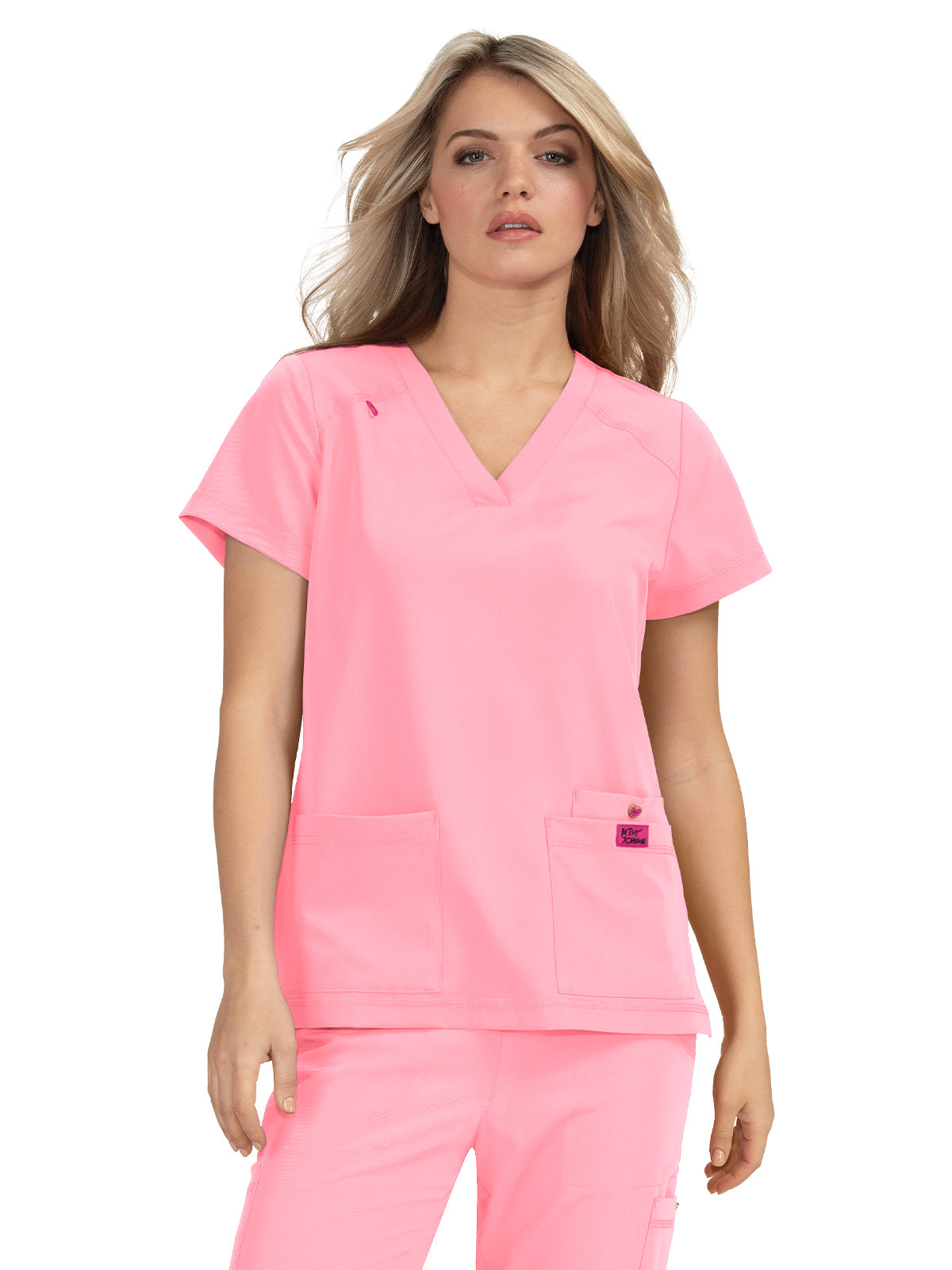 Women's 3-Pocket Snap-Button Placket V-Neck Freesia Scrub Top - B101 - Sweet Pink