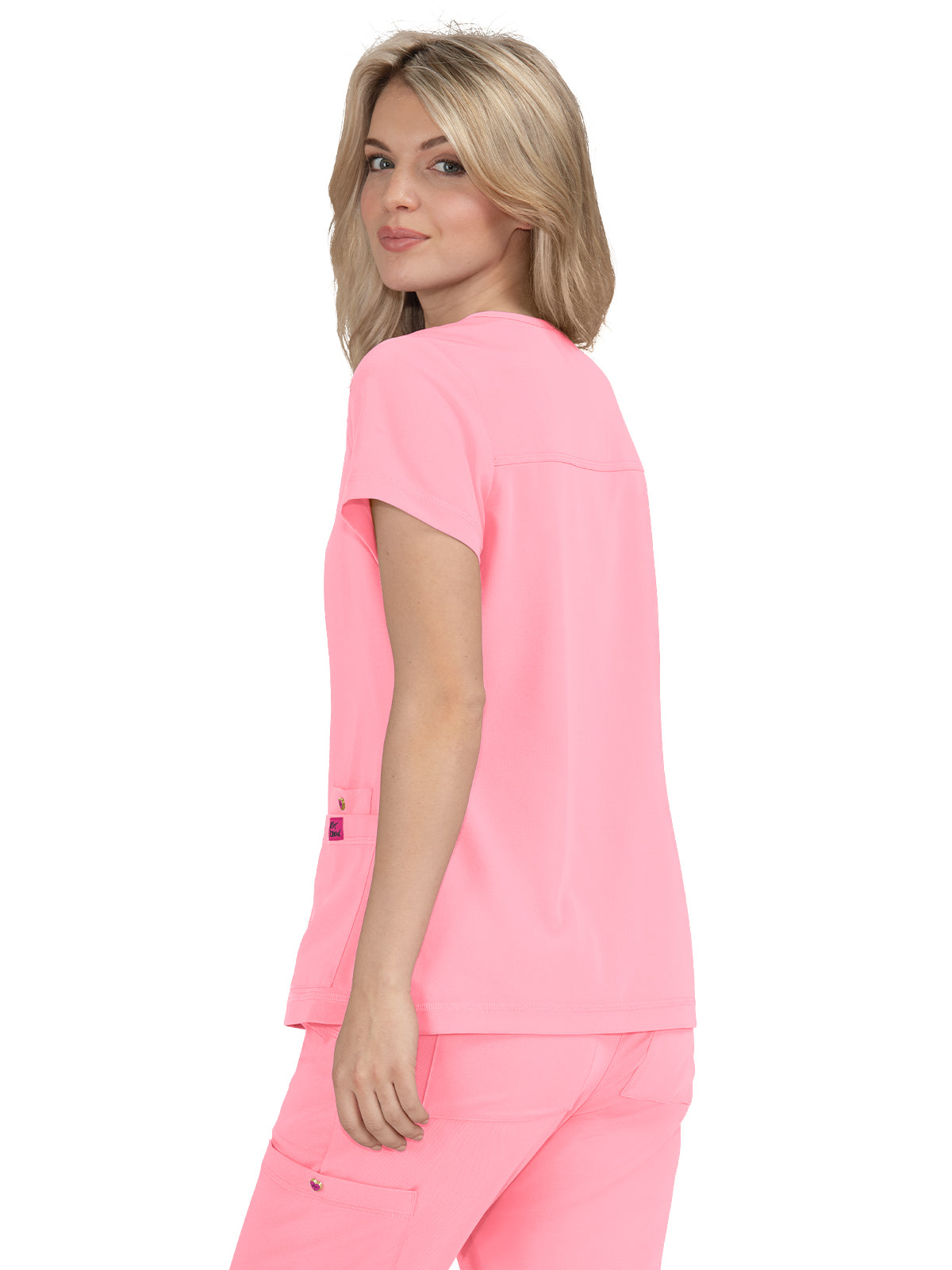 Women's 3-Pocket Snap-Button Placket V-Neck Freesia Scrub Top - B101 - Sweet Pink