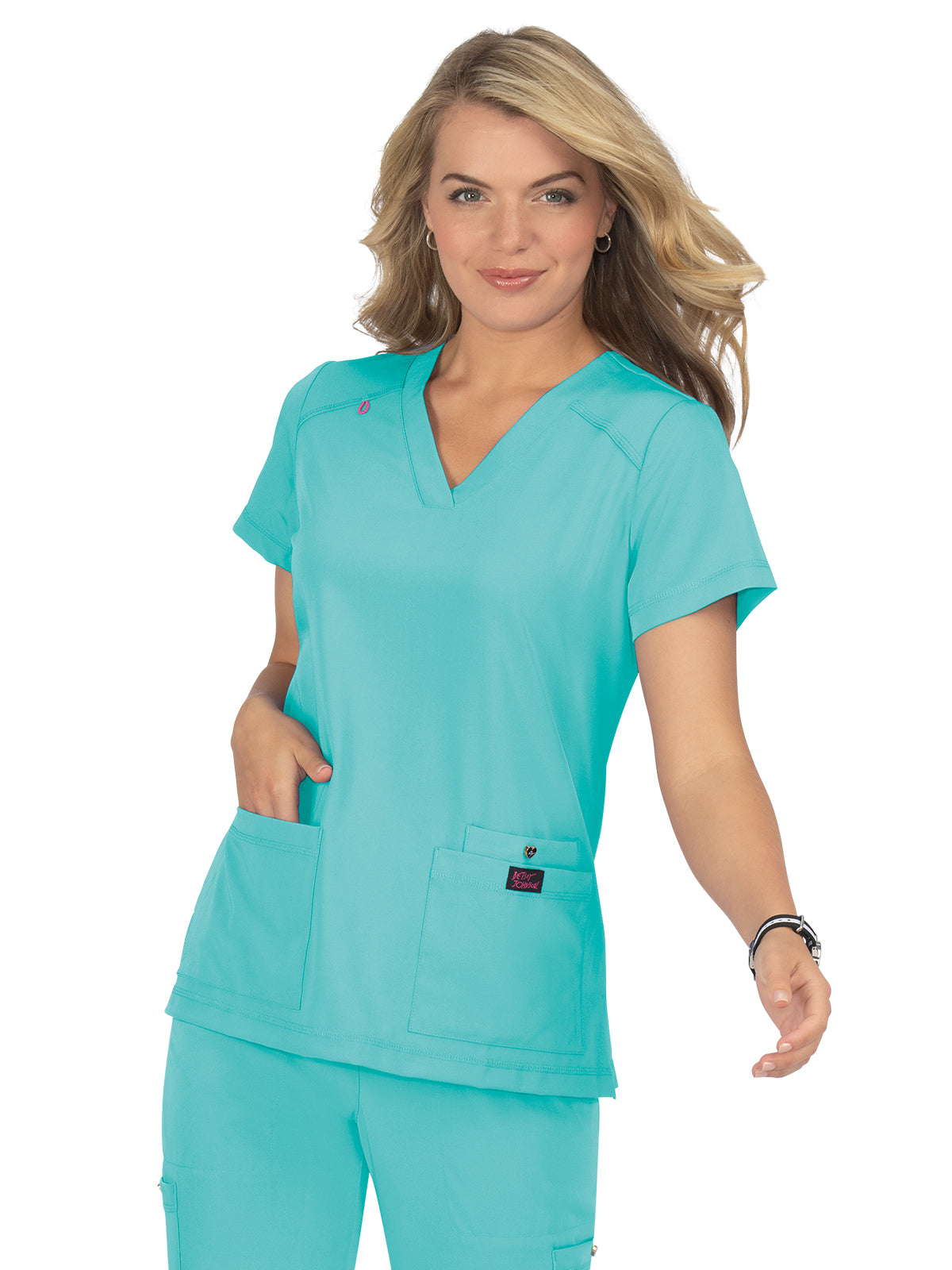 Women's 3-Pocket Snap-Button Placket V-Neck Freesia Scrub Top - B101 - Fresh Mint