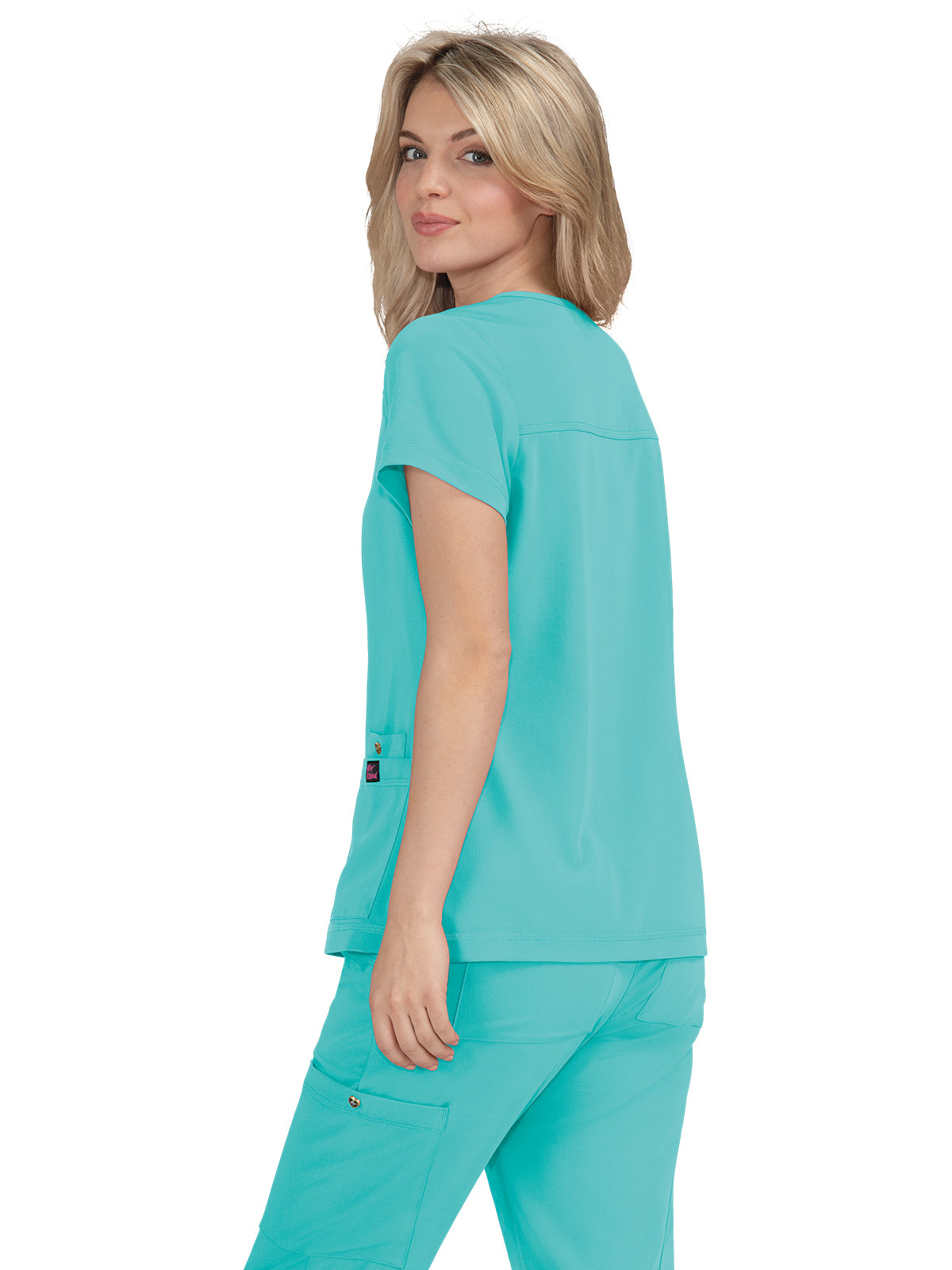 Women's 3-Pocket Snap-Button Placket V-Neck Freesia Scrub Top - B101 - Fresh Mint