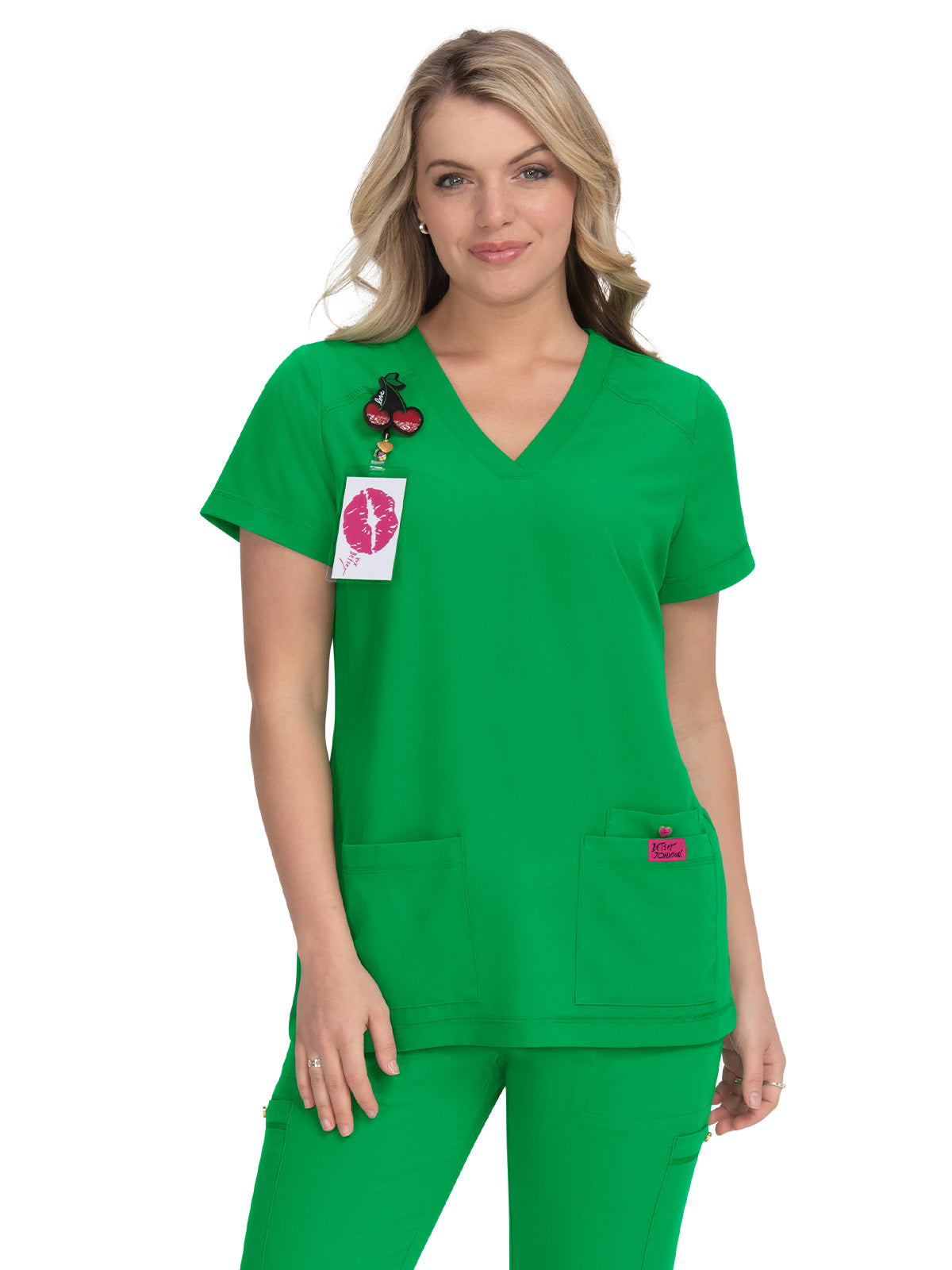 Women's 3-Pocket Snap-Button Placket V-Neck Freesia Scrub Top - B101 - Lucky Green