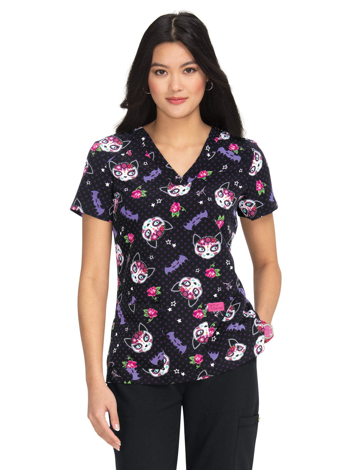 Women's 2-Pocket Print V-Neck Bell Scrub Top - B120PR - Frightful Kitties