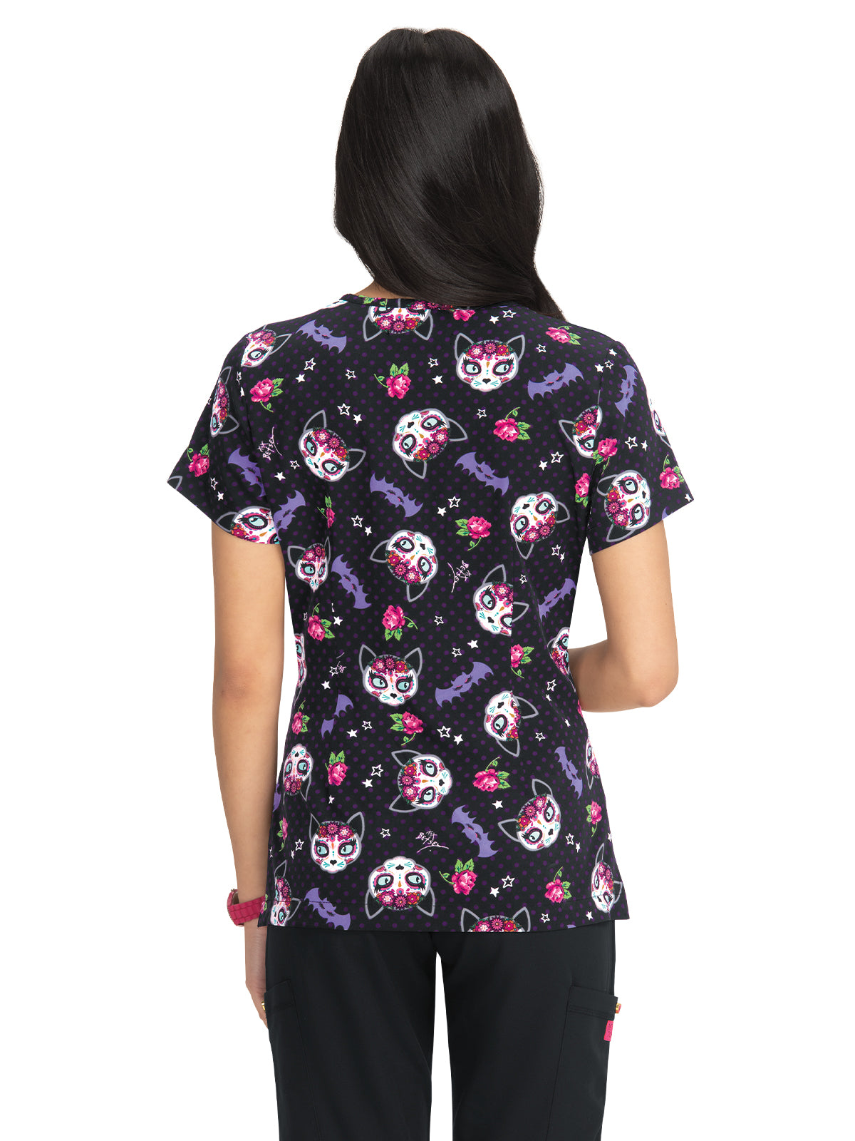 Women's 2-Pocket Print V-Neck Bell Scrub Top - B120PR - Frightful Kitties