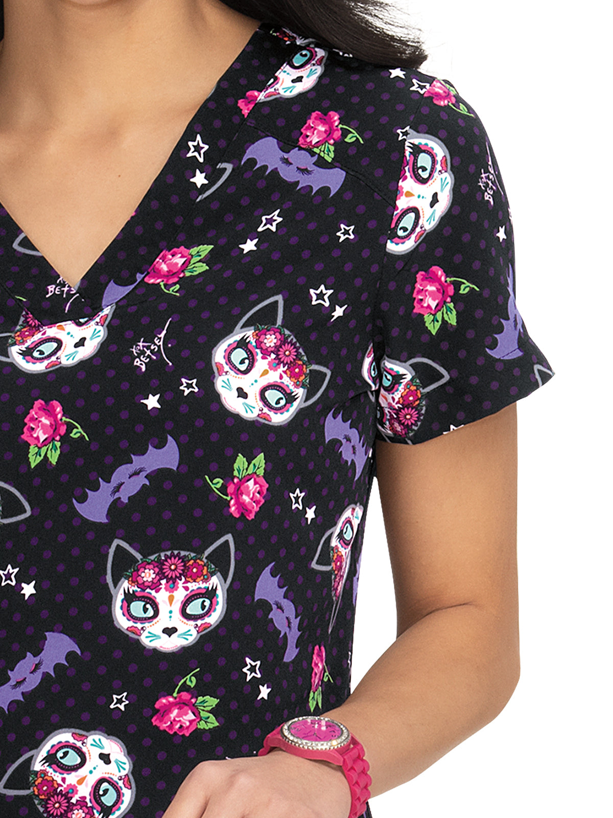 Women's 2-Pocket Print V-Neck Bell Scrub Top - B120PR - Frightful Kitties