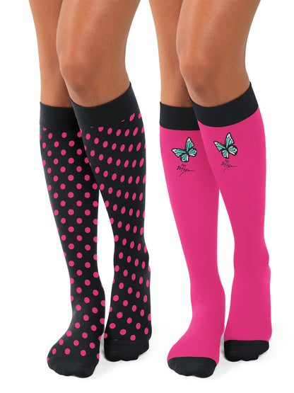 Women's 15-20 mmhg Compression Socks, 2 pairs - BA179 - Polka Butterfly