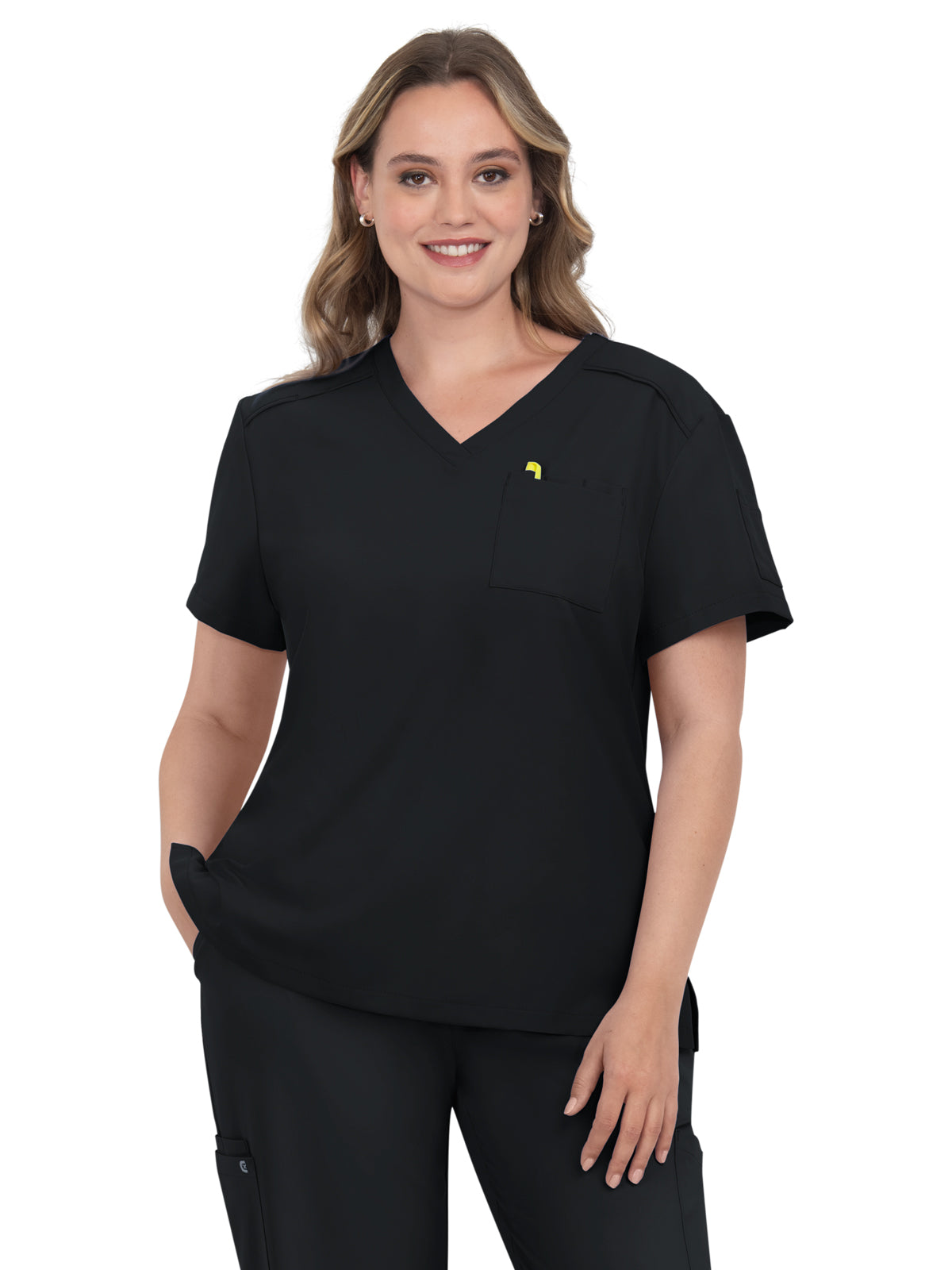 Women's 2-Pocket V-Neck Tuck-In Aura Scrub Top - C100 - Black