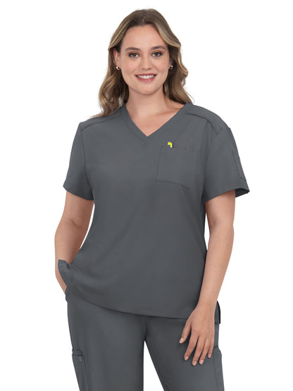 Women's 2-Pocket V-Neck Tuck-In Aura Scrub Top - C100 - Pewter