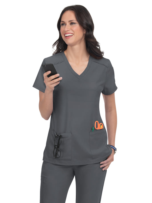 Women's 3-Pocket V-Neck Cardi Scrub Top - C101 - Pewter