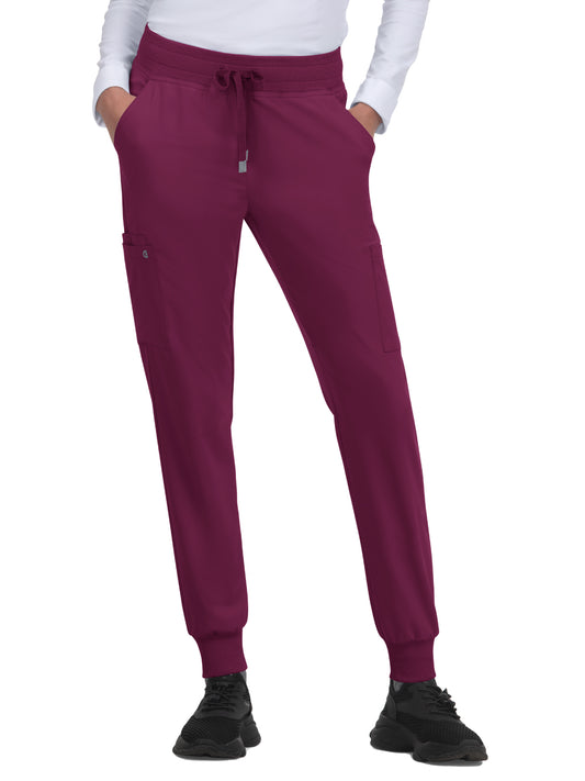 Women's 6-Pocket Ribbed Cuff Jogger Style Pulse Scrub Pant - C700 - Wine