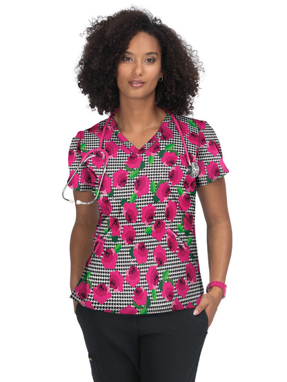 Women's 2-Pocket Stretch Print Doll Scrub Top - F101PR - Houndstooth Rose