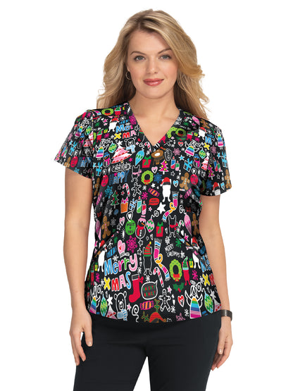 Women's 2-Pocket Stretch Print Doll Scrub Top - F101PR - Christmas Doodle