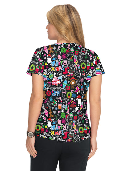 Women's 2-Pocket Stretch Print Doll Scrub Top - F101PR - Christmas Doodle