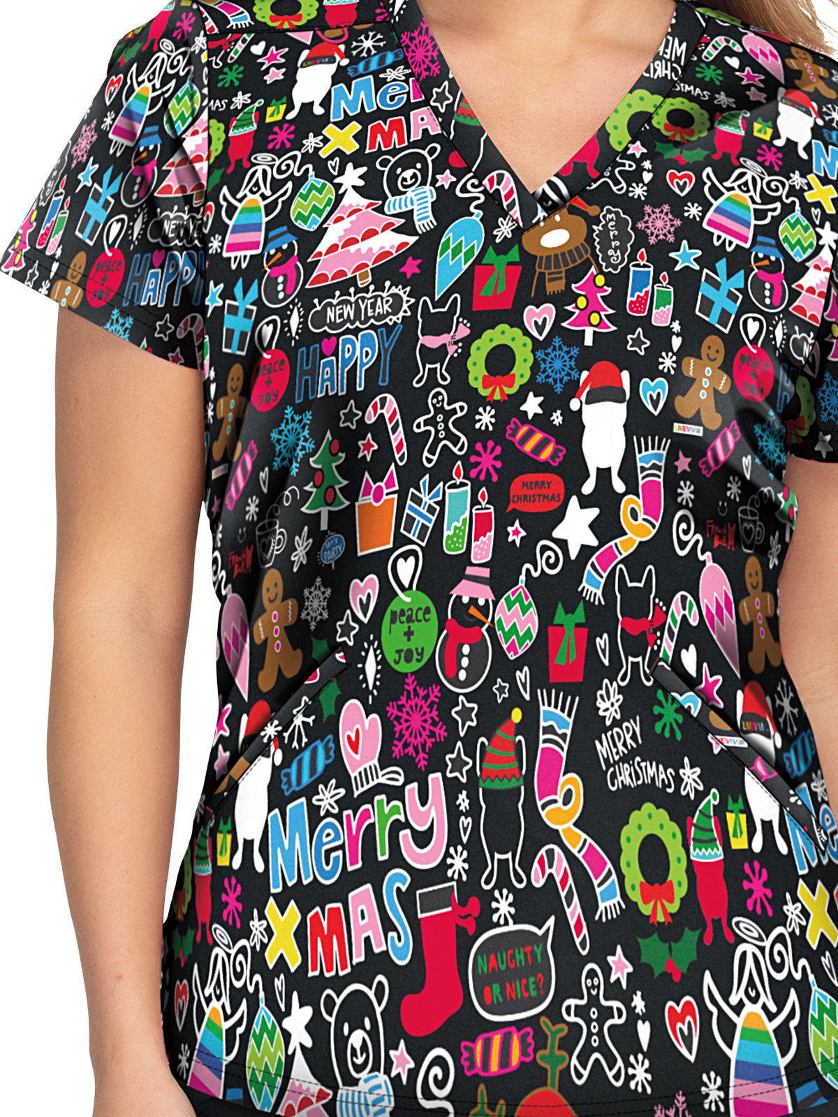 Women's 2-Pocket Stretch Print Doll Scrub Top - F101PR - Christmas Doodle