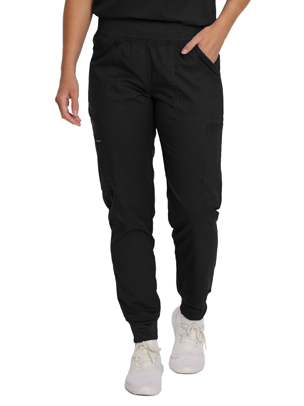 Women's 7-Pocket Mid-Rise Knit Yoga Waist Jogger Scrub Pant - 2030PRV - Black