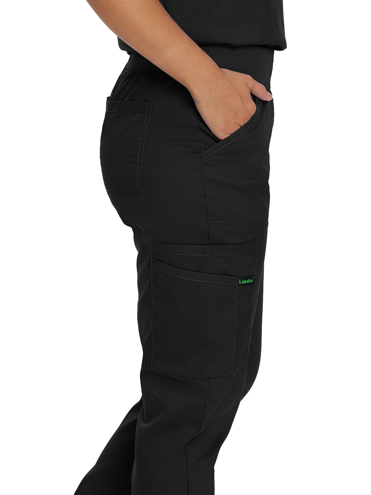 Women's 7-Pocket Mid-Rise Knit Yoga Waist Jogger Scrub Pant - 2030PRV - Black