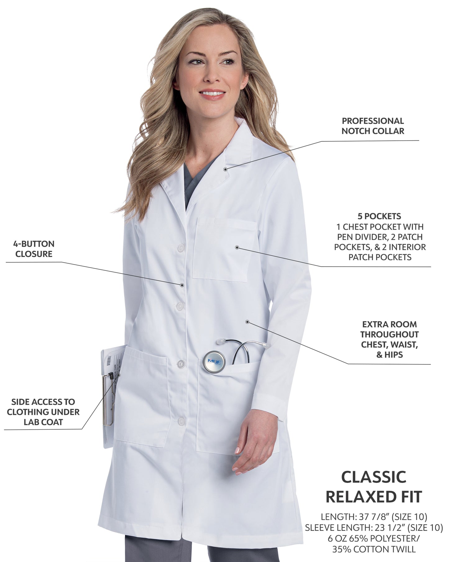 Women's Five-Pocket 38" Full-Length Lab Coat - 3153 - White Twill