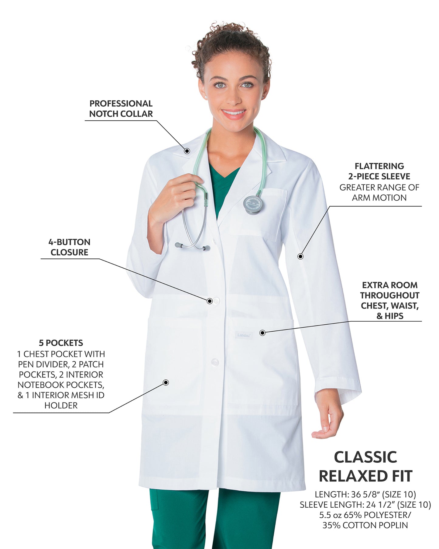 Women's Five-Pocket 36.5" Full-Length Tablet Lab Coat - 3165 - White