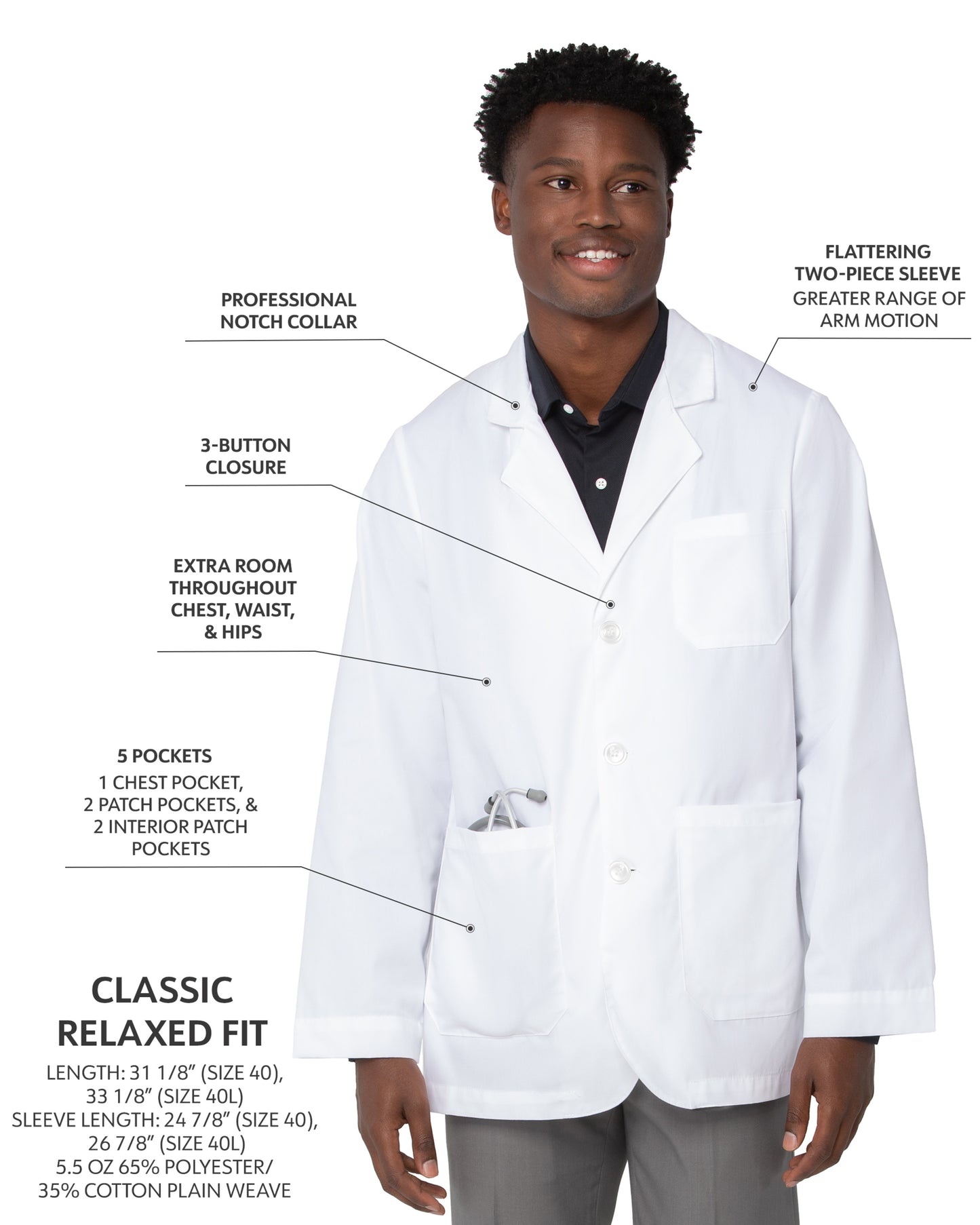 Men's Five-Pocket 31" Consultation Lab Coat - 3224 - White 5.5 Oz 65% Polyester/35% Cotton Poplin