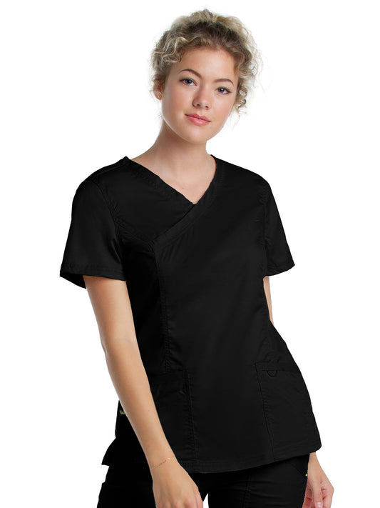 Women's 3-Pocket Mock Wrap Neck Scrub Top - 4161 - Black