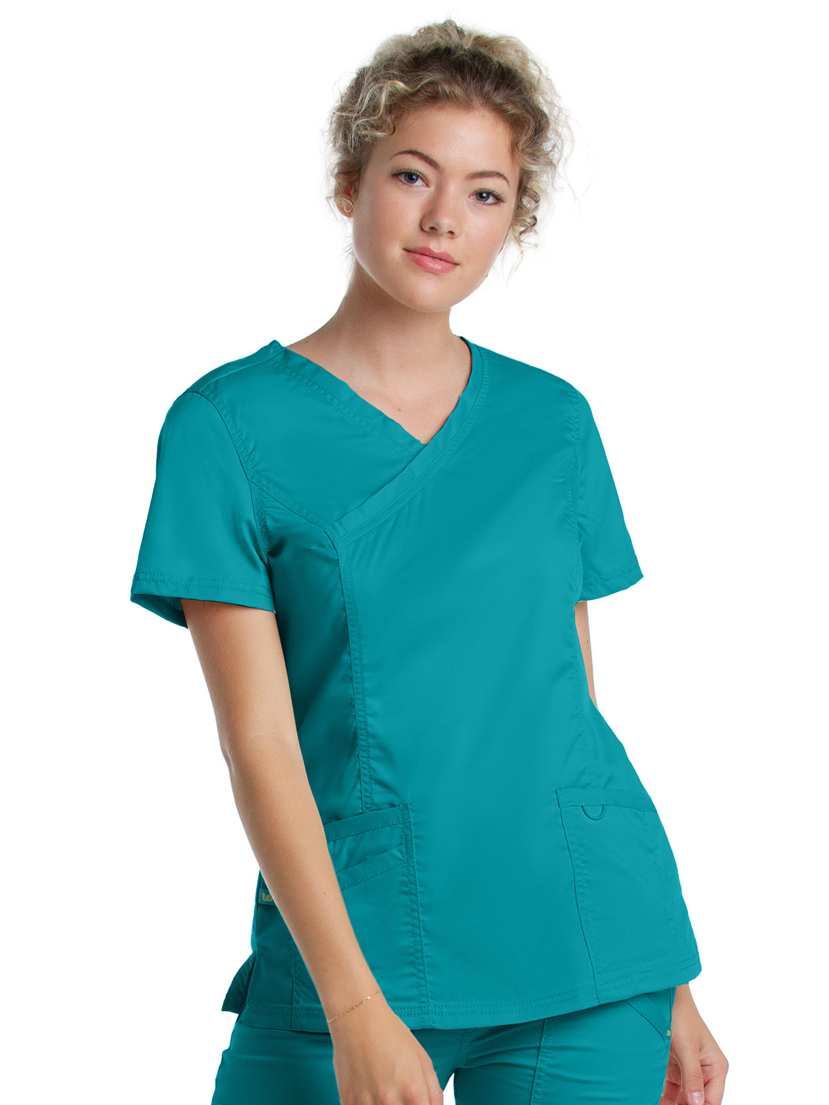 Women's 3-Pocket Mock Wrap Neck Scrub Top - 4161 - Teal