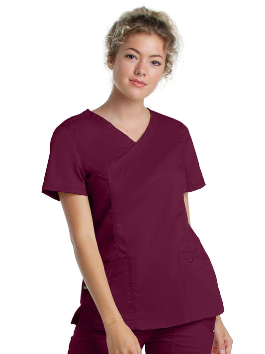 Women's 3-Pocket Mock Wrap Neck Scrub Top - 4161 - Wine