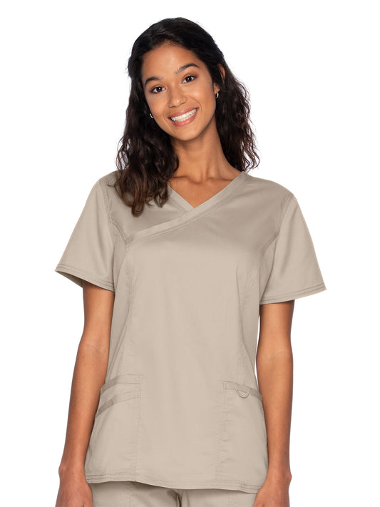 Women's 3-Pocket Mock Wrap Neck Scrub Top - 4161 - Sandstone