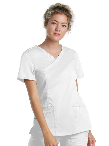 Women's 3-Pocket Mock Wrap Neck Scrub Top - 4161 - White