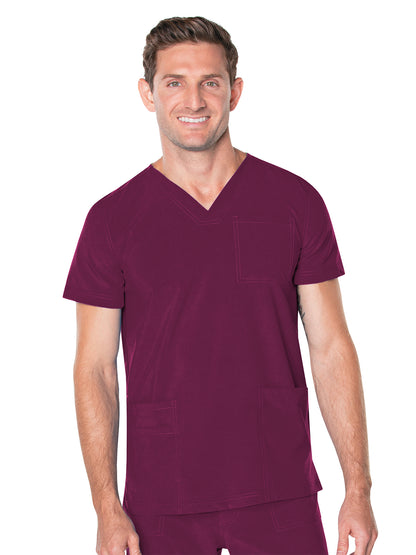 Men's 4-Pocket Back Yoke V-Neck Scrub Top - 4253 - Wine