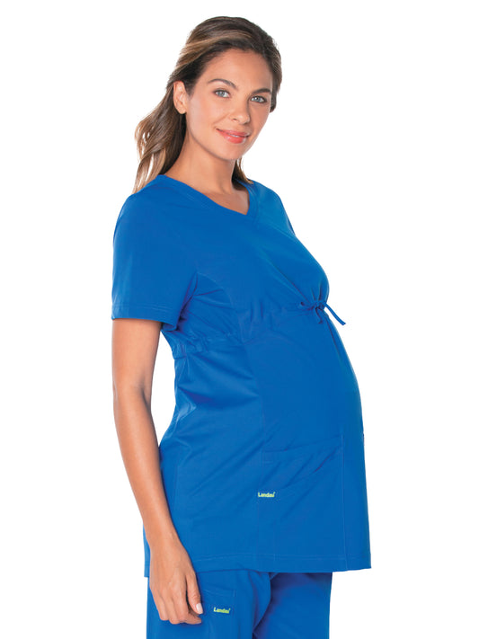 Women's 3-Pocket Adjustable Drawstring Empire Waist V-Neck Maternity Scrub Top - 4399 - Royal