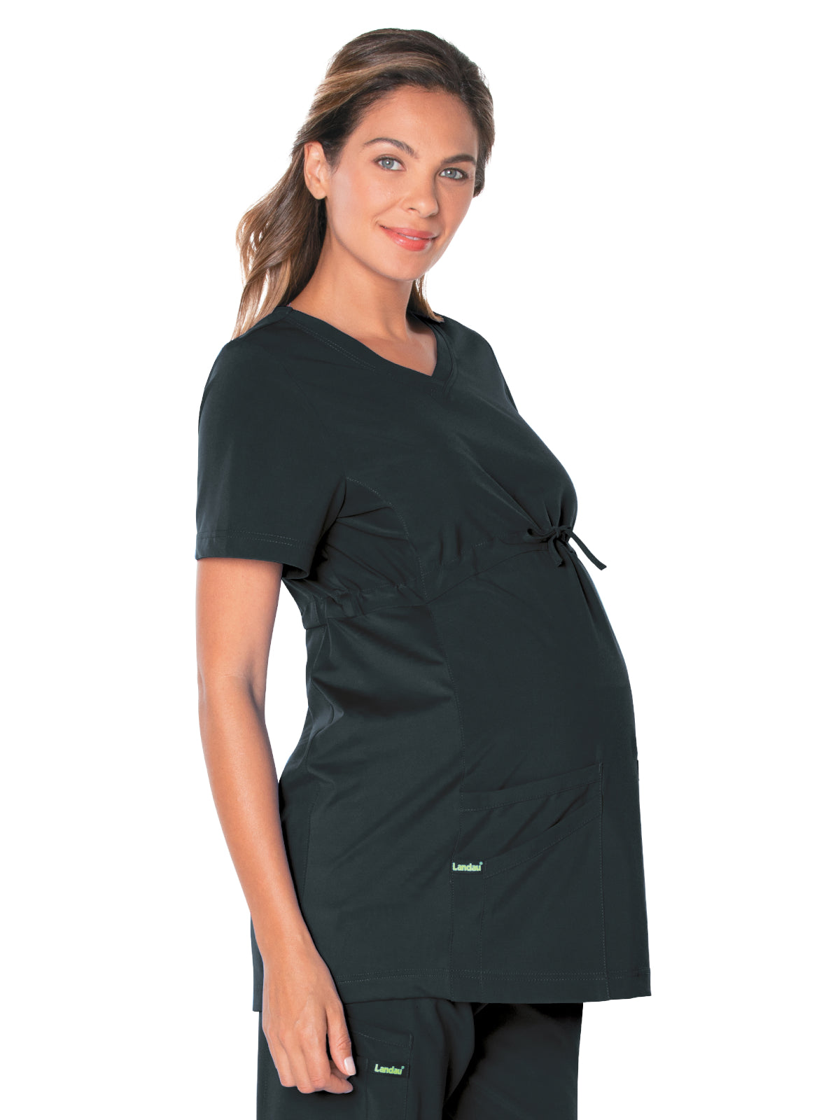 Women's 3-Pocket Adjustable Drawstring Empire Waist V-Neck Maternity Scrub Top - 4399 - Black