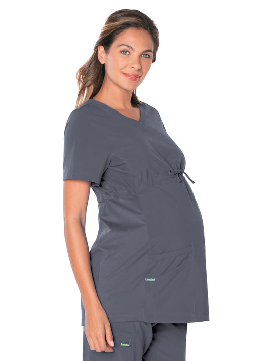 Women's 3-Pocket Adjustable Drawstring Empire Waist V-Neck Maternity Scrub Top - 4399 - Steel