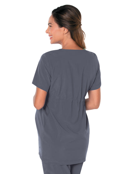 Women's 3-Pocket Adjustable Drawstring Empire Waist V-Neck Maternity Scrub Top - 4399 - Steel